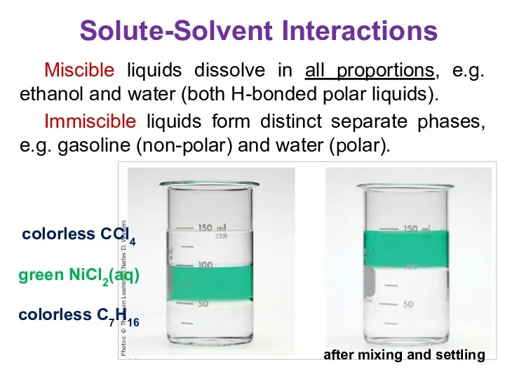 Miscible liquids dissolve in all proportions, e.g. ethanol and water
