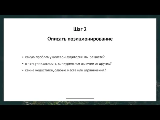 Шаг 2 Описать позиционирование какую проблему целевой аудитории вы решаете?