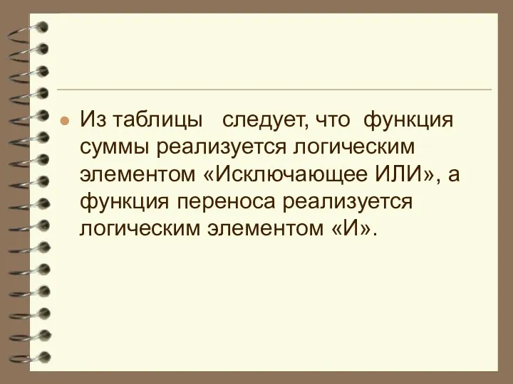 Из таблицы следует, что функция суммы реализуется логическим элементом «Исключающее