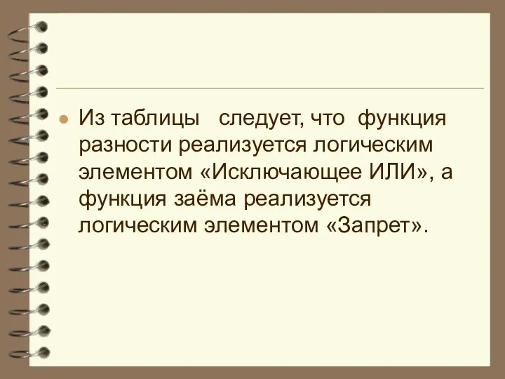 Из таблицы следует, что функция разности реализуется логическим элементом «Исключающее