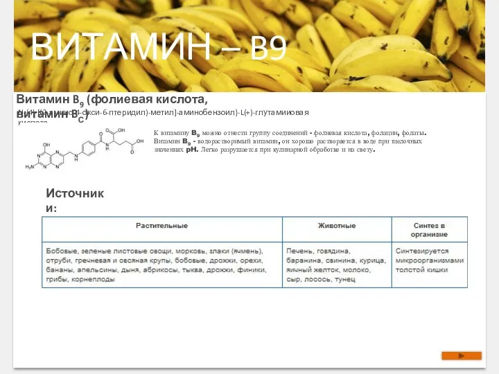 ВИТАМИН – B9 Витамин B9 (фолиевая кислота, витамин BС) N-{4'-[(2-амино-4-окси-6-птеридил)-метил]-аминобензоил}-L(+)-глутамииовая