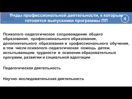 Виды профессиональной деятельности, к которым готовятся выпускники программы ПП Психолого-педагогическое