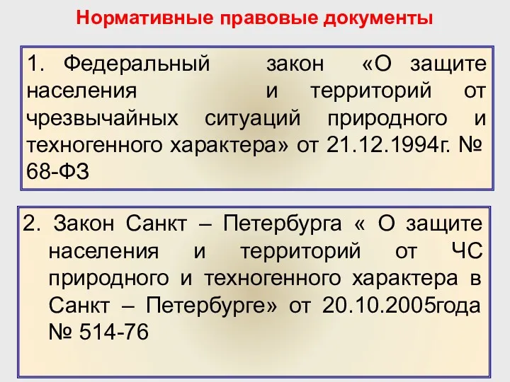 Нормативные правовые документы 1. Федеральный закон «О защите населения и