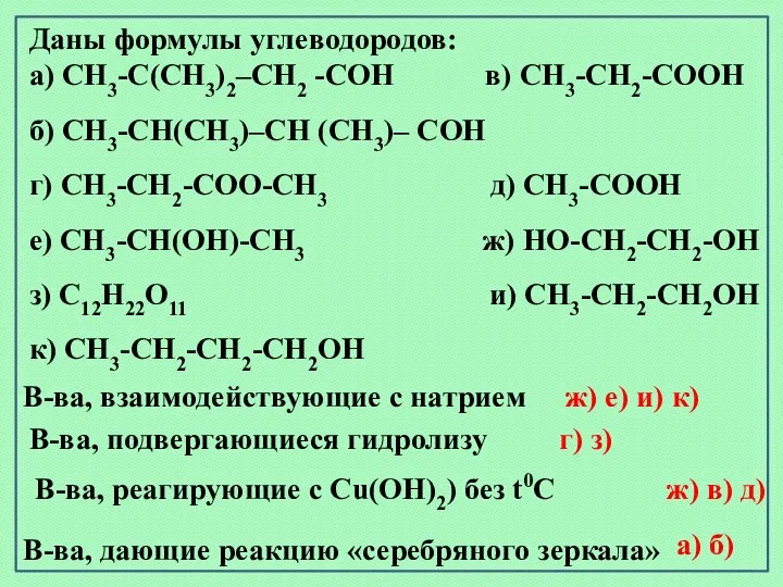 В-ва, взаимодействующие с натрием В-ва, подвергающиеся гидролизу В-ва, реагирующие с