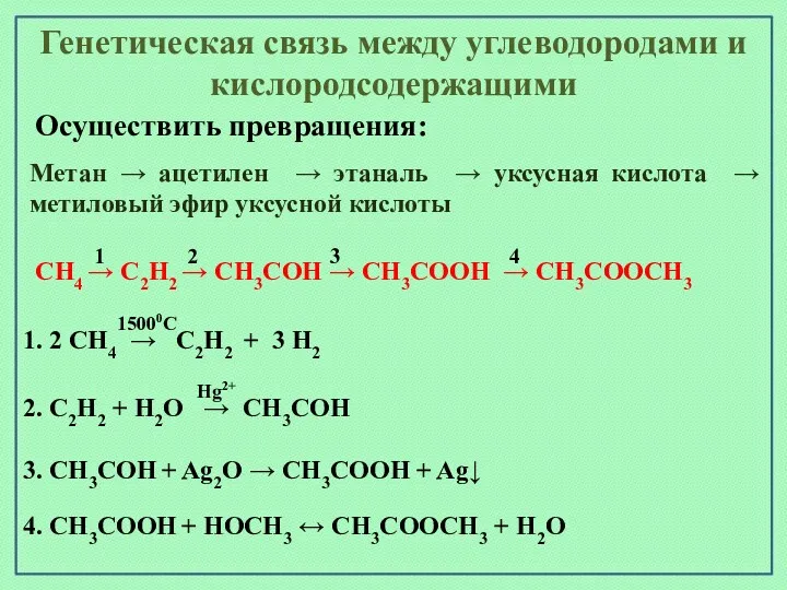 Генетическая связь между углеводородами и кислородсодержащими Осуществить превращения: Метан →