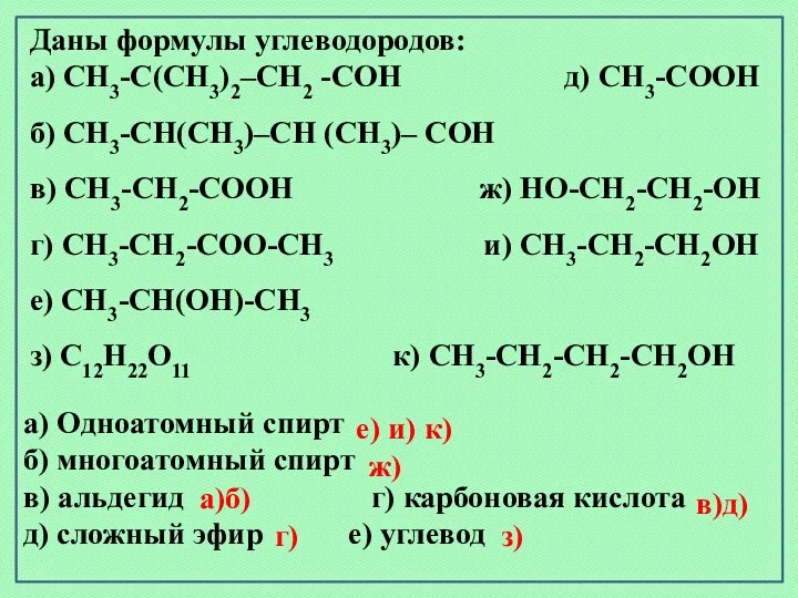 Даны формулы углеводородов: а) CH3-C(CH3)2–CH2 -CОH д) CH3-CООH б) CH3-CН(CH3)–CH