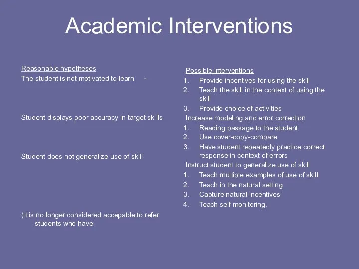 Academic Interventions Reasonable hypotheses The student is not motivated to learn - Student