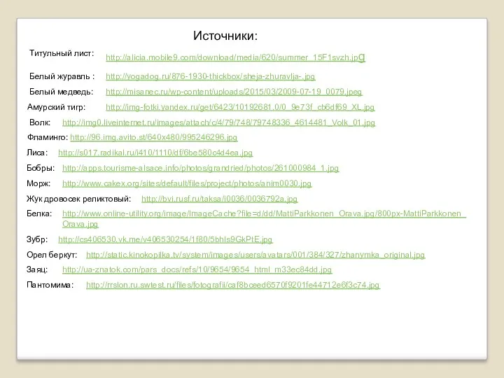 Источники: http://alicia.mobile9.com/download/media/620/summer_15F1svzh.jpg Титульный лист: http://yogadog.ru/876-1930-thickbox/sheja-zhuravlja-.jpg Белый журавль : http://misanec.ru/wp-content/uploads/2015/03/2009-07-19_0079.jpeg Белый медведь: Амурский тигр: