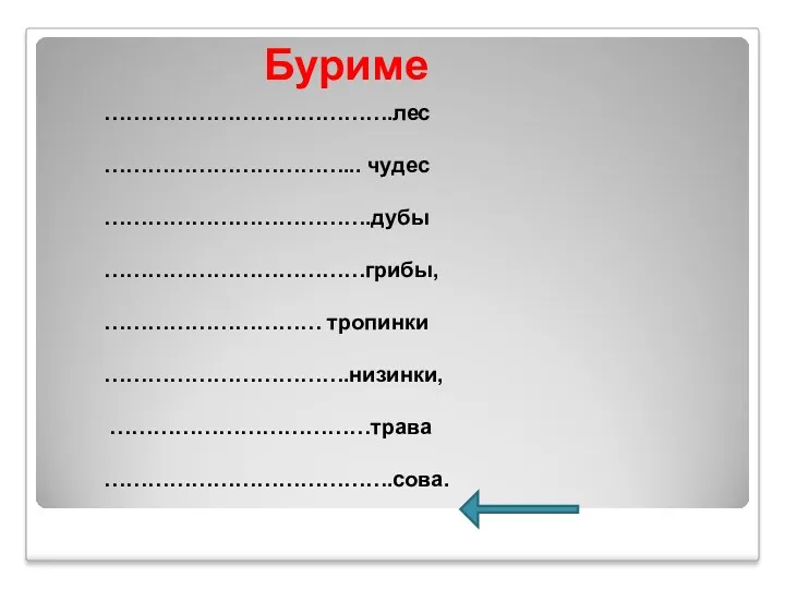 Буриме ………………………………….лес ……………………………... чудес ……………………………….дубы ………………………………грибы, ………………………… тропинки …………………………….низинки, ………………………………трава ………………………………….сова.