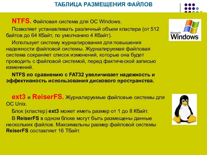 ТАБЛИЦА РАЗМЕЩЕНИЯ ФАЙЛОВ NTFS. Файловая система для ОС Windows. Позволяет