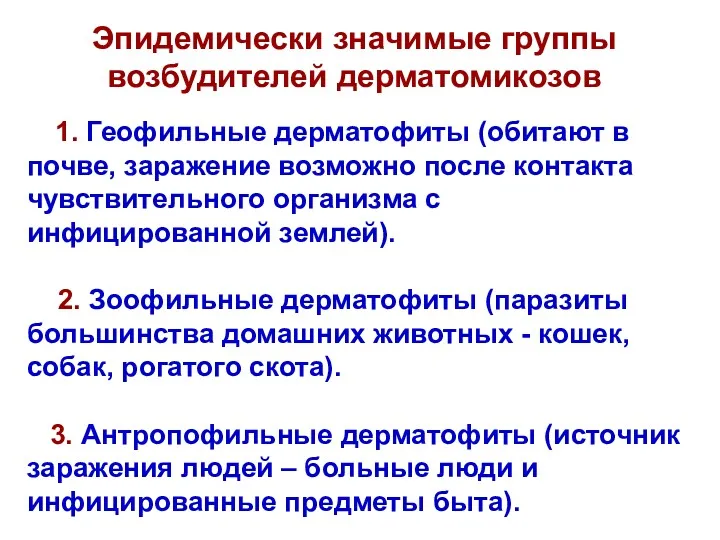 1. Геофильные дерматофиты (обитают в почве, заражение возможно после контакта