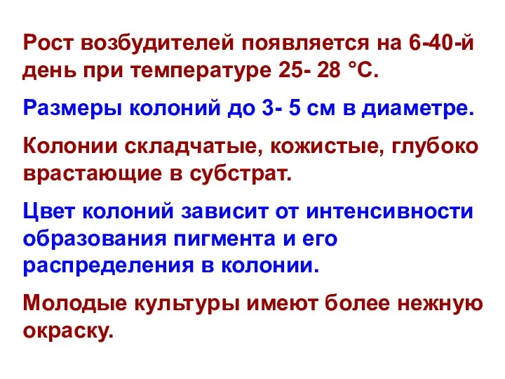 Рост возбудителей появляется на 6-40-й день при температуре 25- 28