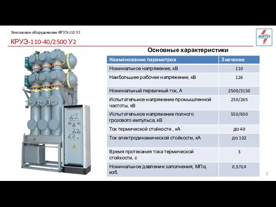 КРУЭ-110-40/2500 У2 Элегазовое оборудование КРУЭ-110 У2 Основные характеристики