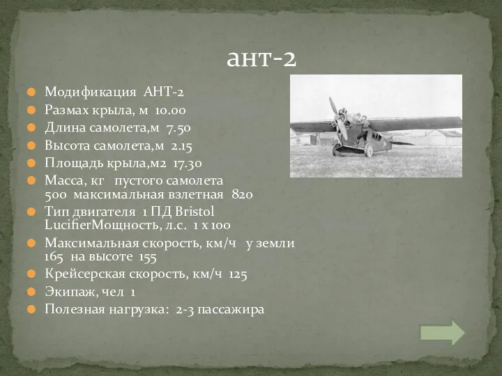 Модификация АНТ-2 Размах крыла, м 10.00 Длина самолета,м 7.50 Высота