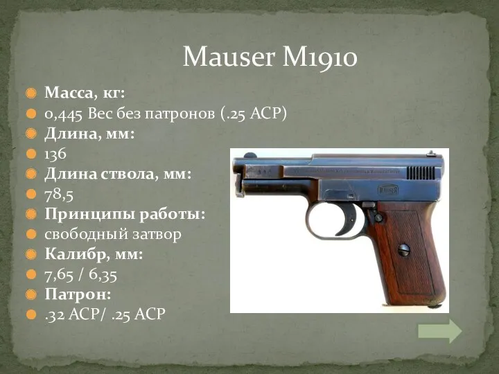 Масса, кг: 0,445 Вес без патронов (.25 ACP) Длина, мм: