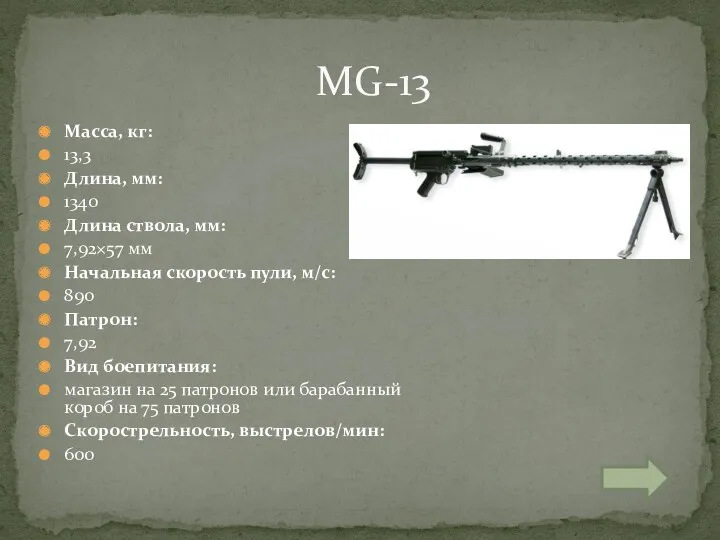 Масса, кг: 13,3 Длина, мм: 1340 Длина ствола, мм: 7,92×57