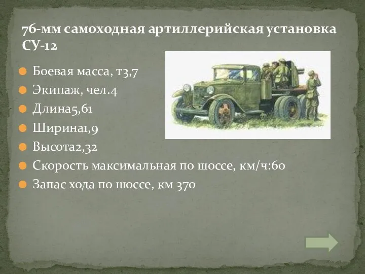 Боевая масса, т3,7 Экипаж, чел.4 Длина5,61 Ширина1,9 Высота2,32 Скорость максимальная