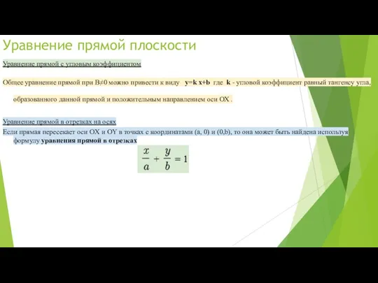 Уравнение прямой плоскости Уравнение прямой с угловым коэффициентом Общее уравнение