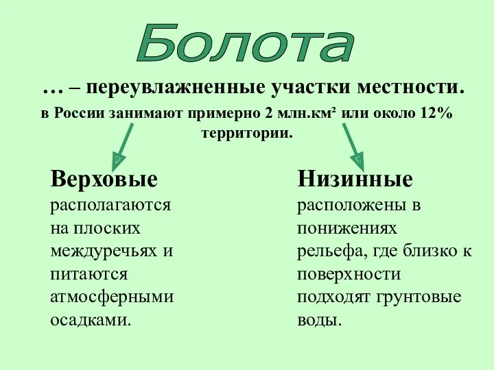 Болота … – переувлажненные участки местности. Верховые располагаются на плоских