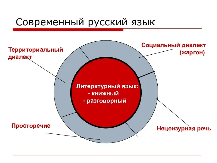 Современный русский язык Литературный язык: - книжный - разговорный Территориальный