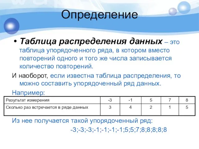 Определение Таблица распределения данных – это таблица упорядоченного ряда, в