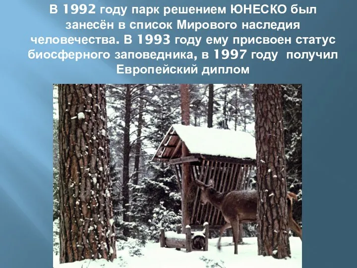 В 1992 году парк решением ЮНЕСКО был занесён в список