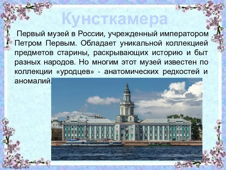 Кунсткамера Первый музей в России, учрежденный императором Петром Первым. Обладает