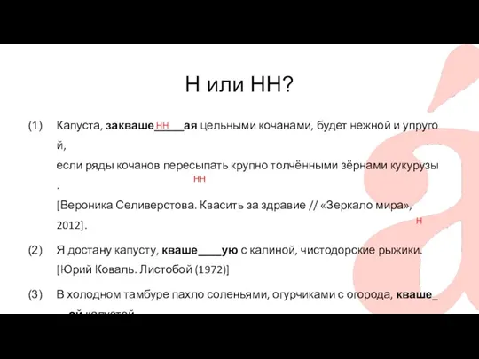 Н или НН? Капуста, закваше_____ая цельными кочанами, будет нежной и