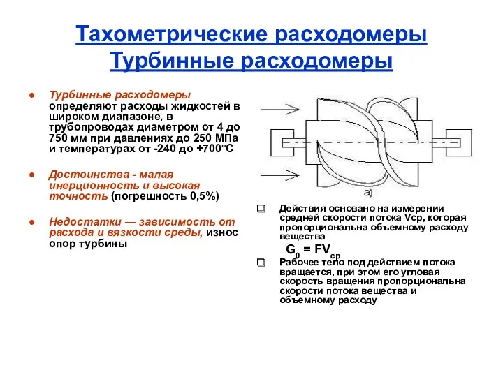 Тахометрические расходомеры Турбинные расходомеры Турбинные расходомеры определяют расходы жидкостей в