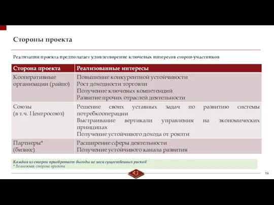 Стороны проекта Каждая из сторон приобретает выгоды не неся существенных