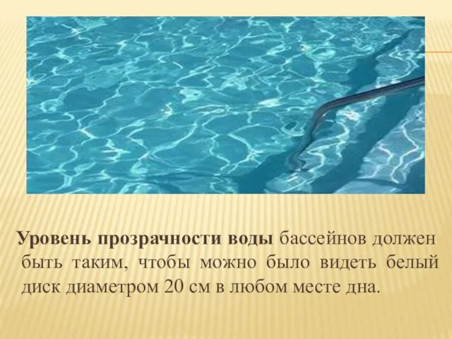 Уровень прозрачности воды бассейнов должен быть таким, чтобы можно было