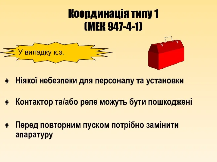 Координація типу 1 (МЕК 947-4-1) Ніякої небезпеки для персоналу та