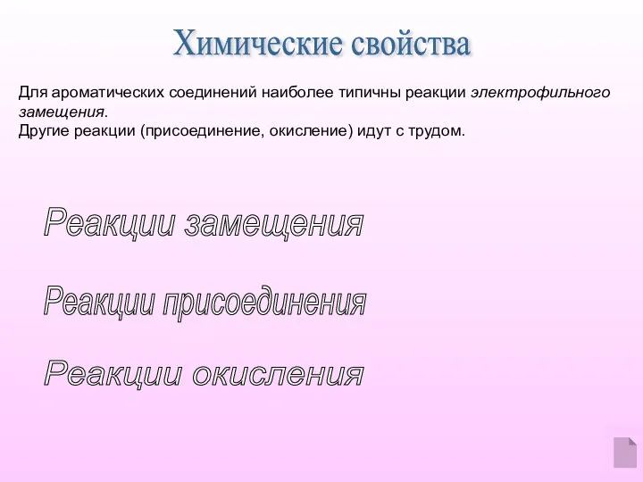 Химические свойства Для ароматических соединений наиболее типичны реакции электрофильного замещения.