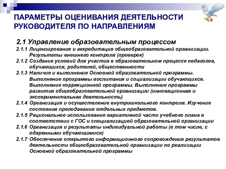 ПАРАМЕТРЫ ОЦЕНИВАНИЯ ДЕЯТЕЛЬНОСТИ РУКОВОДИТЕЛЯ ПО НАПРАВЛЕНИЯМ 2.1 Управление образовательным процессом