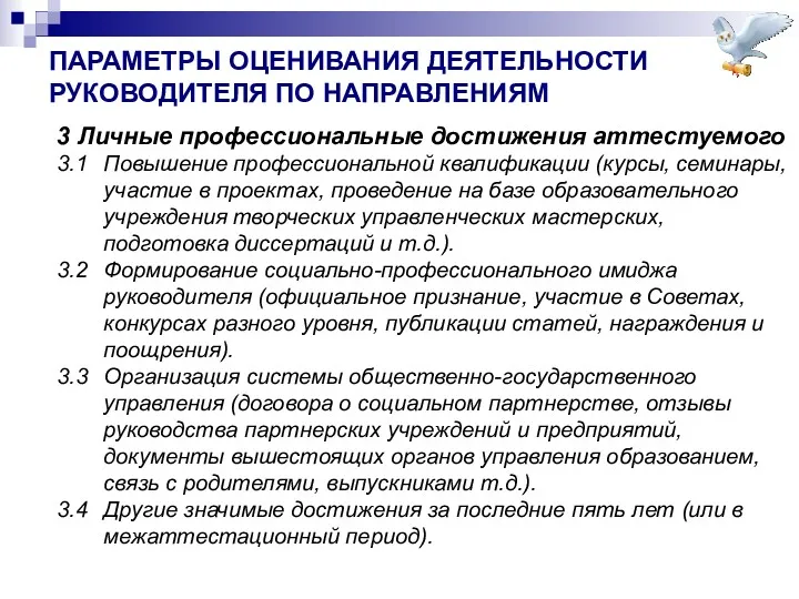 ПАРАМЕТРЫ ОЦЕНИВАНИЯ ДЕЯТЕЛЬНОСТИ РУКОВОДИТЕЛЯ ПО НАПРАВЛЕНИЯМ 3 Личные профессиональные достижения