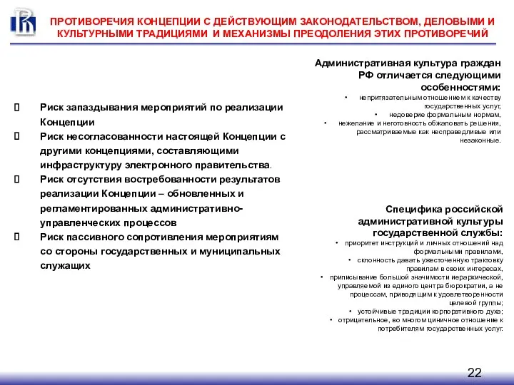 ПРОТИВОРЕЧИЯ КОНЦЕПЦИИ С ДЕЙСТВУЮЩИМ ЗАКОНОДАТЕЛЬСТВОМ, ДЕЛОВЫМИ И КУЛЬТУРНЫМИ ТРАДИЦИЯМИ И