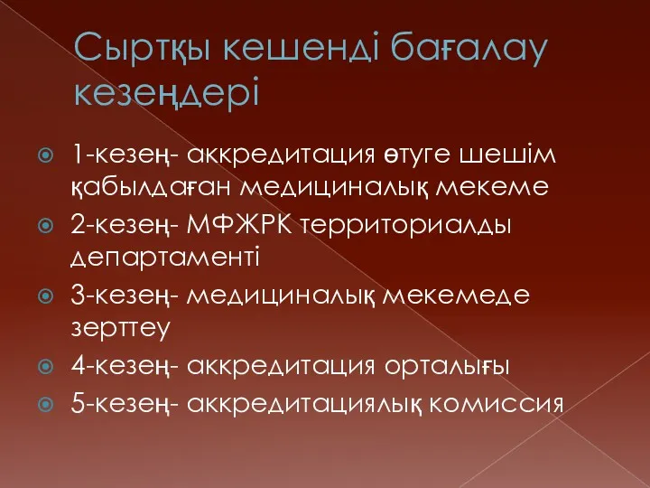 Сыртқы кешенді бағалау кезеңдері 1-кезең- аккредитация өтуге шешім қабылдаған медициналық