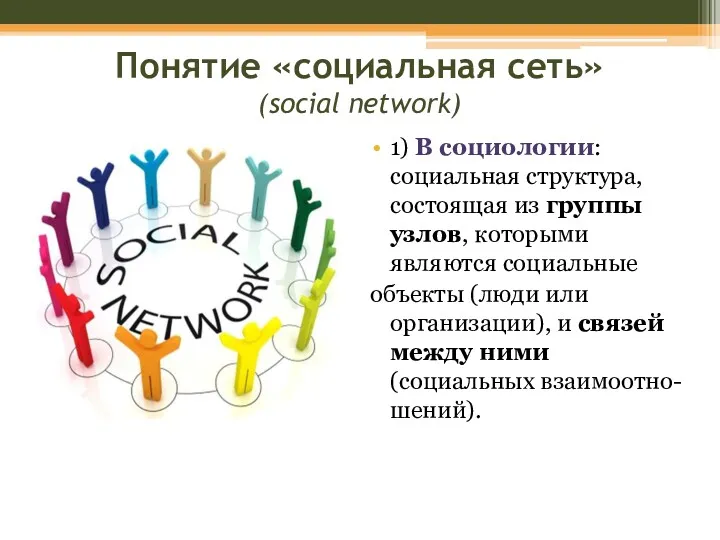 Понятие «социальная сеть» (social network) 1) В социологии: социальная структура, состоящая из группы