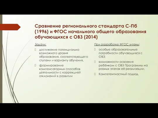 Сравнение регионального стандарта С-Пб (1996) и ФГОС начального общего образования