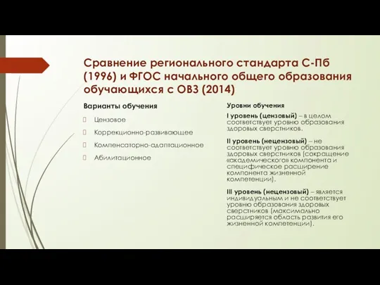 Сравнение регионального стандарта С-Пб (1996) и ФГОС начального общего образования