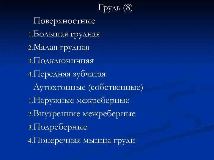 Грудь (8) Поверхностные Большая грудная Малая грудная Подключичная Передняя зубчатая Аутохтонные (собственные) Наружные