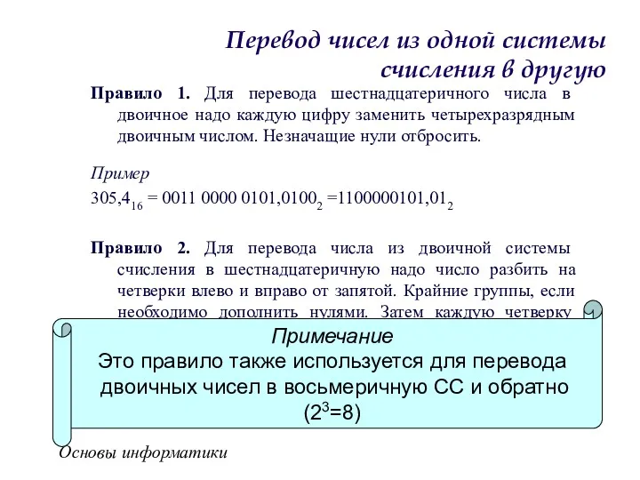 Основы информатики Перевод чисел из одной системы счисления в другую