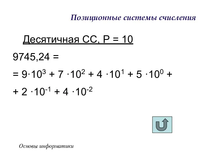 Основы информатики Позиционные системы счисления Десятичная СС, Р = 10