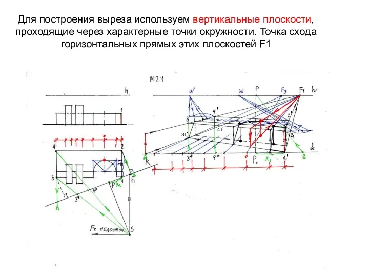 Для построения выреза используем вертикальные плоскости, проходящие через характерные точки