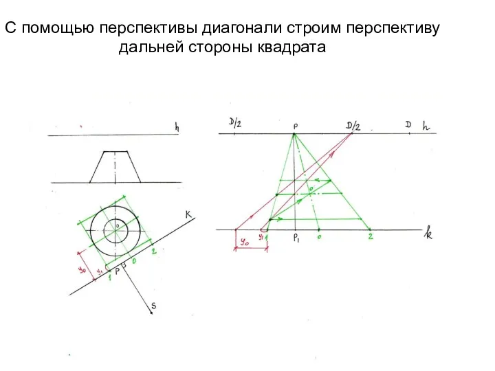 С помощью перспективы диагонали строим перспективу дальней стороны квадрата