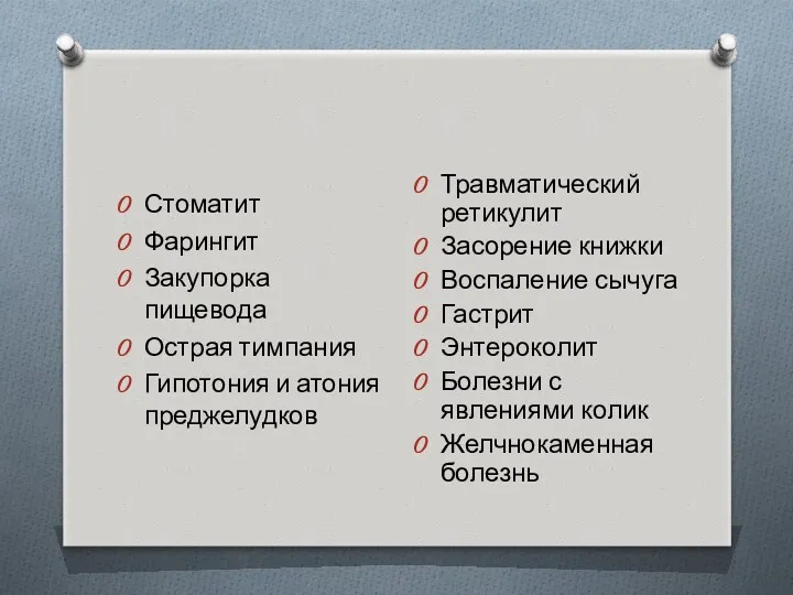 Стоматит Фарингит Закупорка пищевода Острая тимпания Гипотония и атония преджелудков