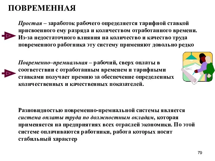 ПОВРЕМЕННАЯ Простая – заработок рабочего определяется тарифной ставкой присвоенного ему