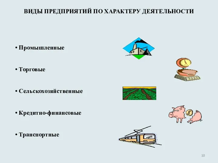 Промышленные Торговые Сельскохозяйственные Кредитно-финансовые Транспортные ВИДЫ ПРЕДПРИЯТИЙ ПО ХАРАКТЕРУ ДЕЯТЕЛЬНОСТИ