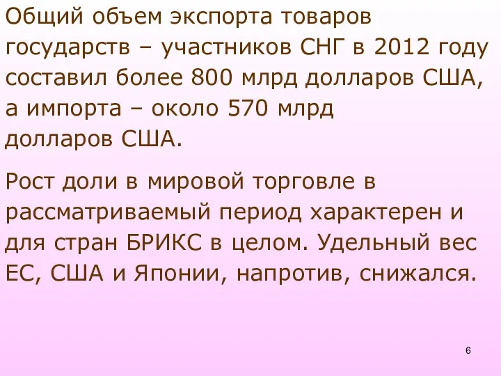 Общий объем экспорта товаров государств – участников СНГ в 2012