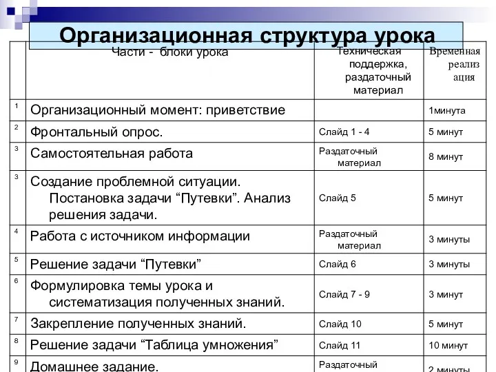 Организационная структура урока